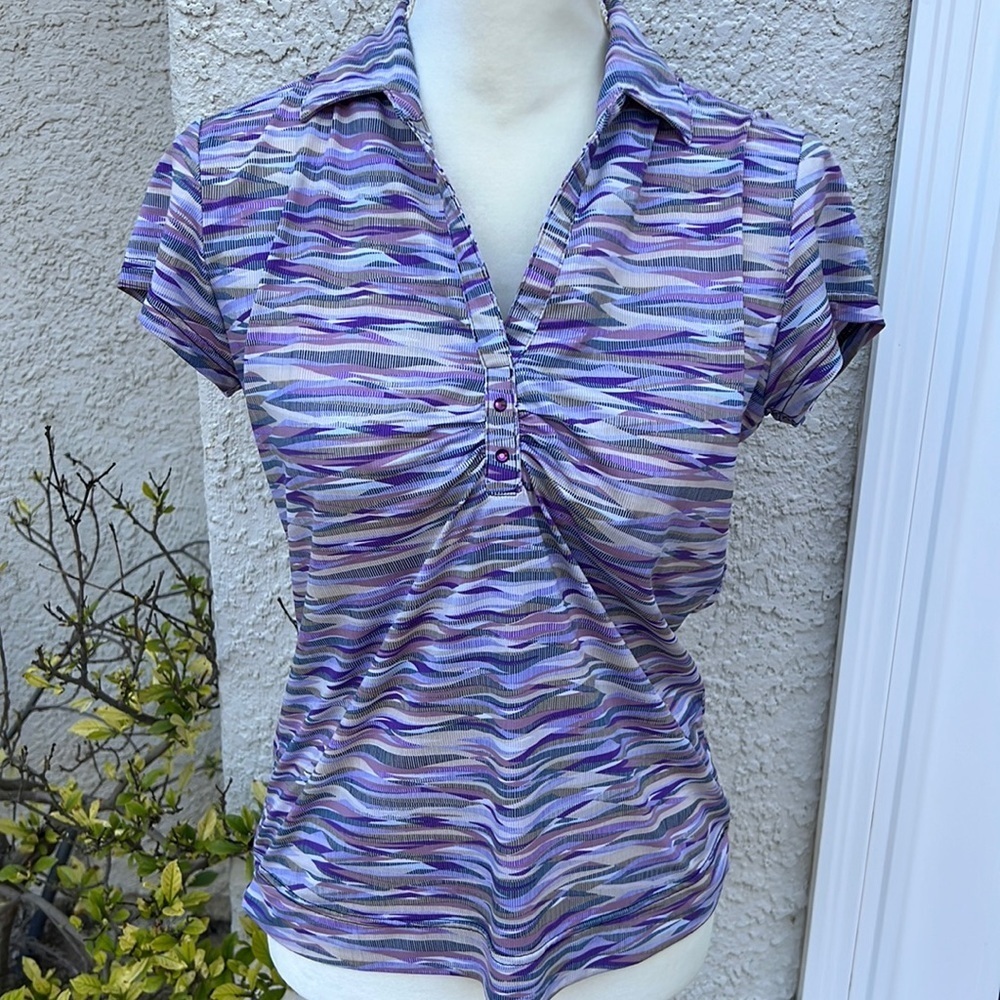 Sport Haley Purple Wave Design Polo Golf Shirt w Rhinstone Buttons Women Size S